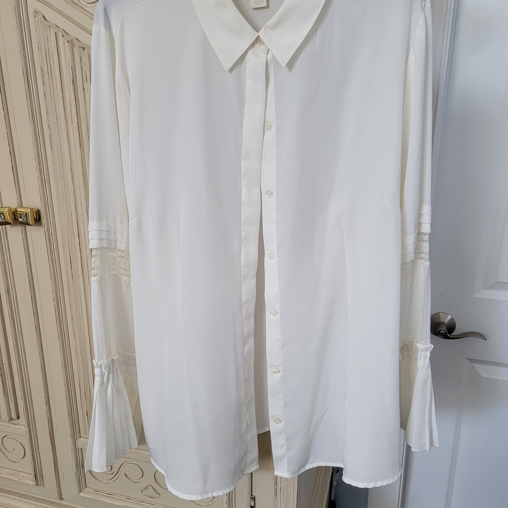 Chico's White Button-Down Shirt with Lace Sleeve Details